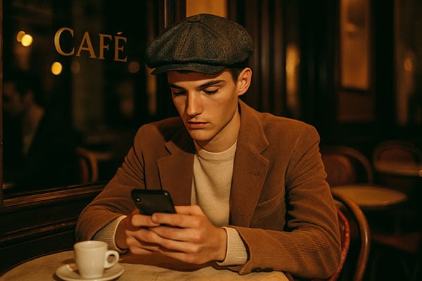 Young man in french cafe checking his phone
