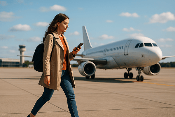 Woman approaching aircraft looking at phone