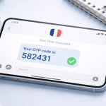 Mobile phone on desk with SMS message for OTP