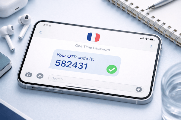 Mobile phone on desk with SMS message for OTP