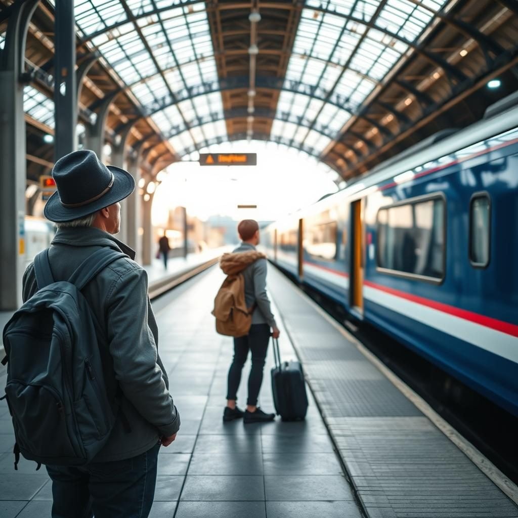 Train station with two waiting passengers