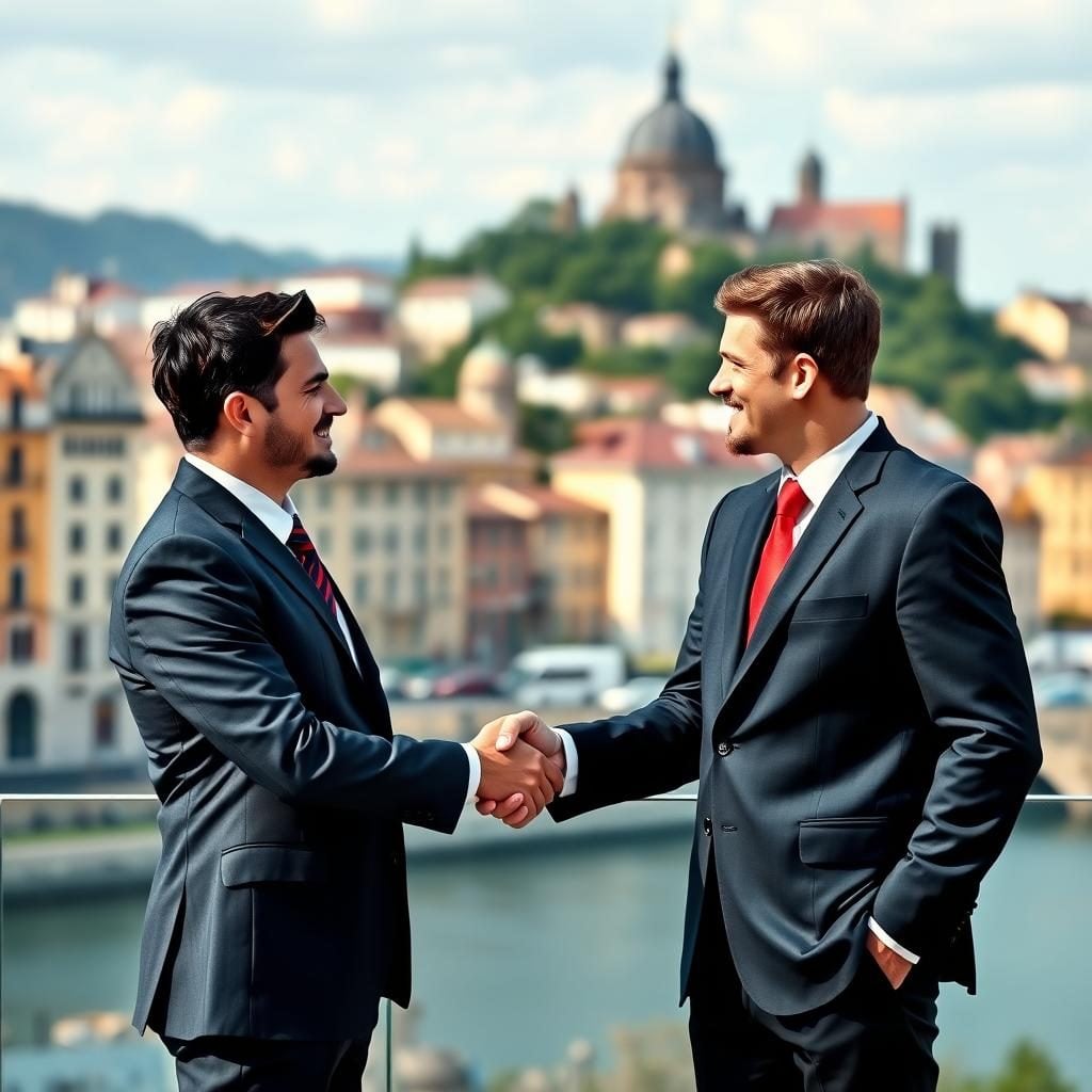 Businessmen shaking hands by river