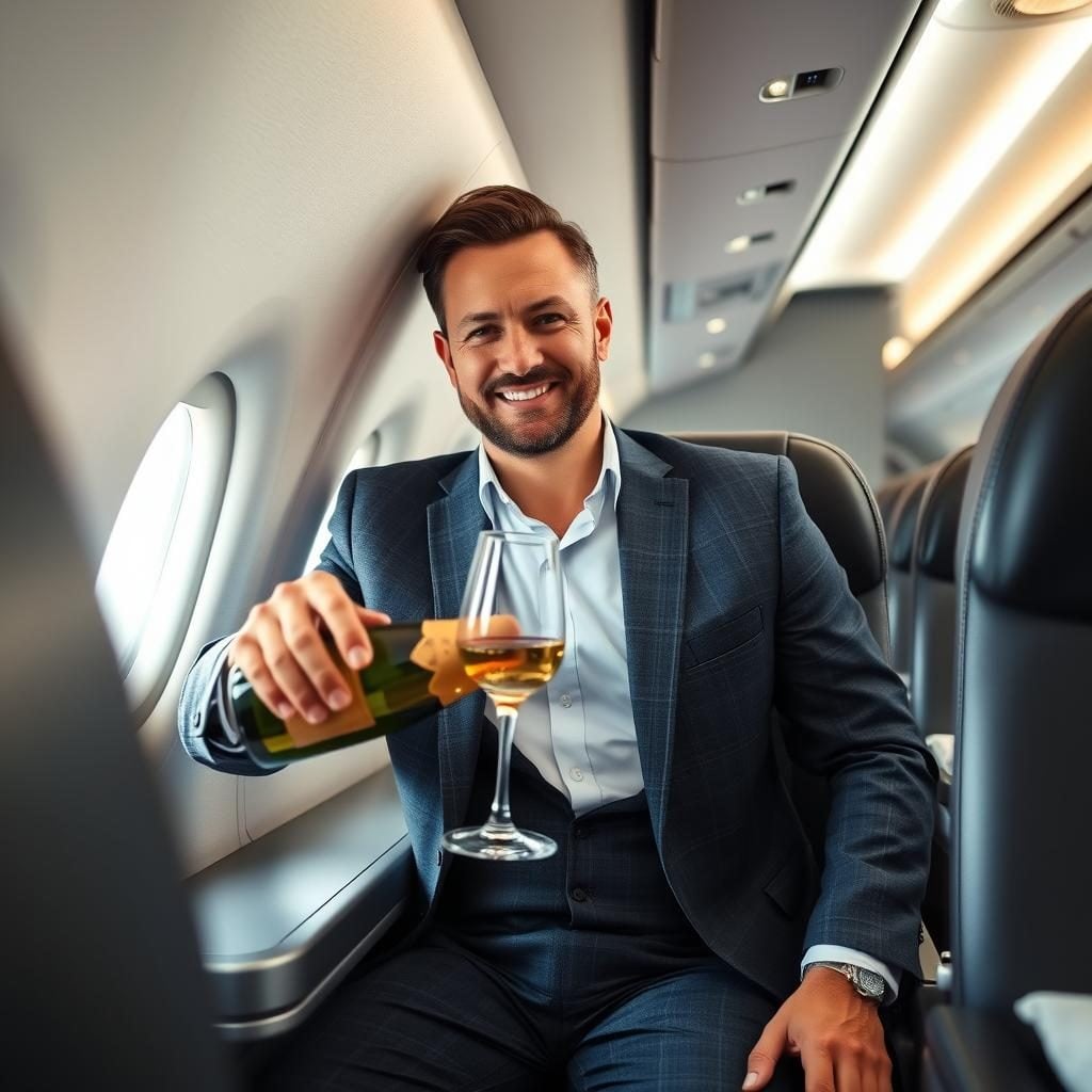 Man enjoying champagne on airplane