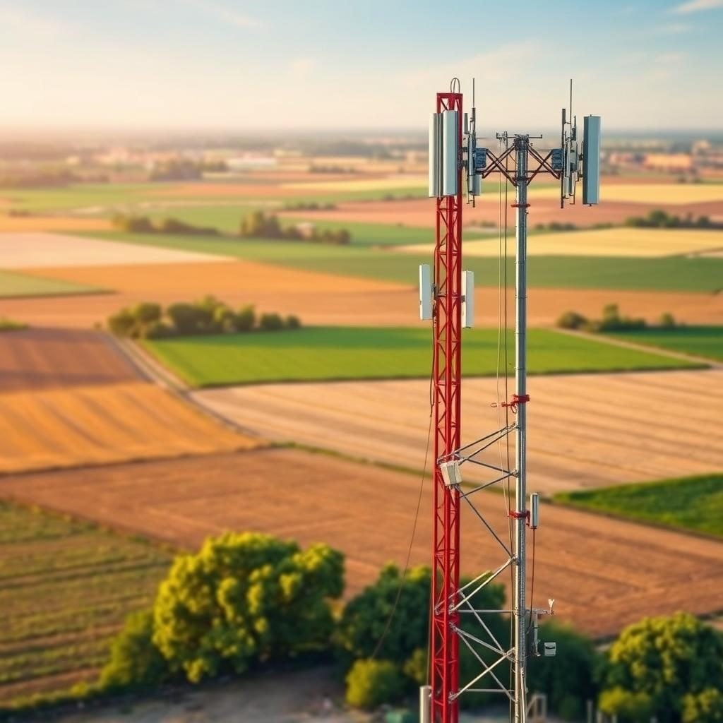 Cell towers in rural landscape