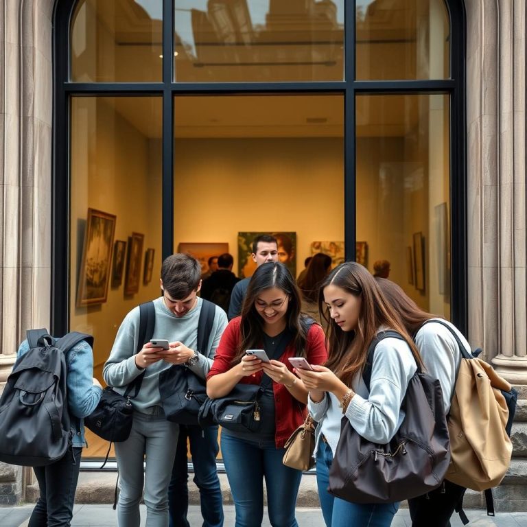 People using phones outside gallery
