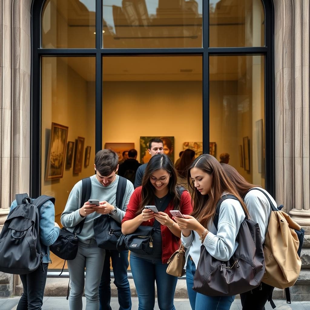 People using phones outside gallery