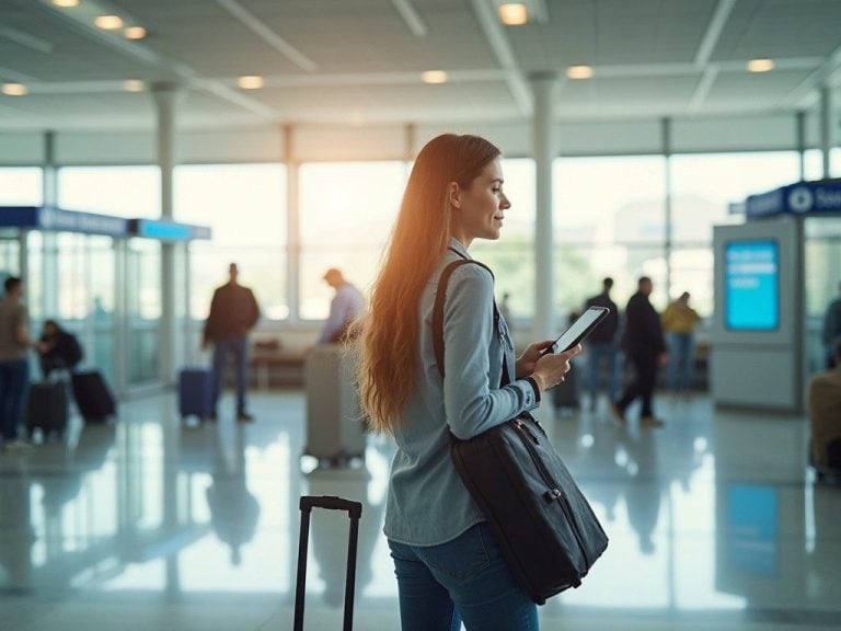 solo traveller with luggage checking phone at a European airport departure area, natural light, relaxed mood