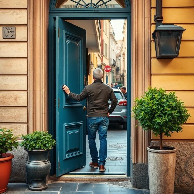 Man exiting a blue door outdoors.
