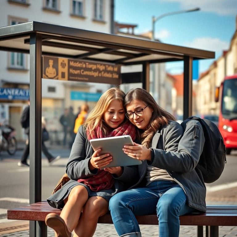 Two friends sharing a tablet outdoors.