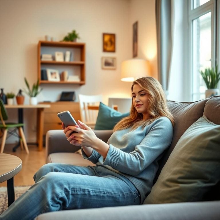 Person using smartphone in cozy room