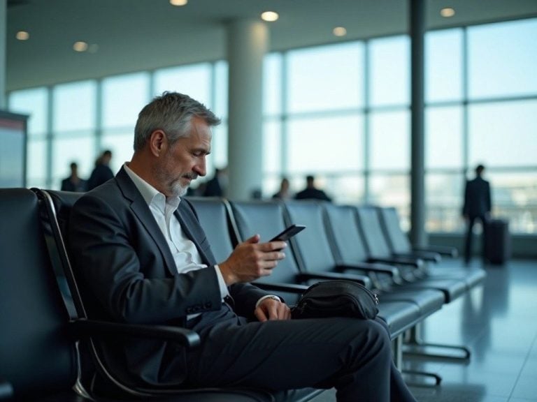middle-aged man checking phone at an airport gate, laptop bag on seat beside him, calm business travel atmosphere