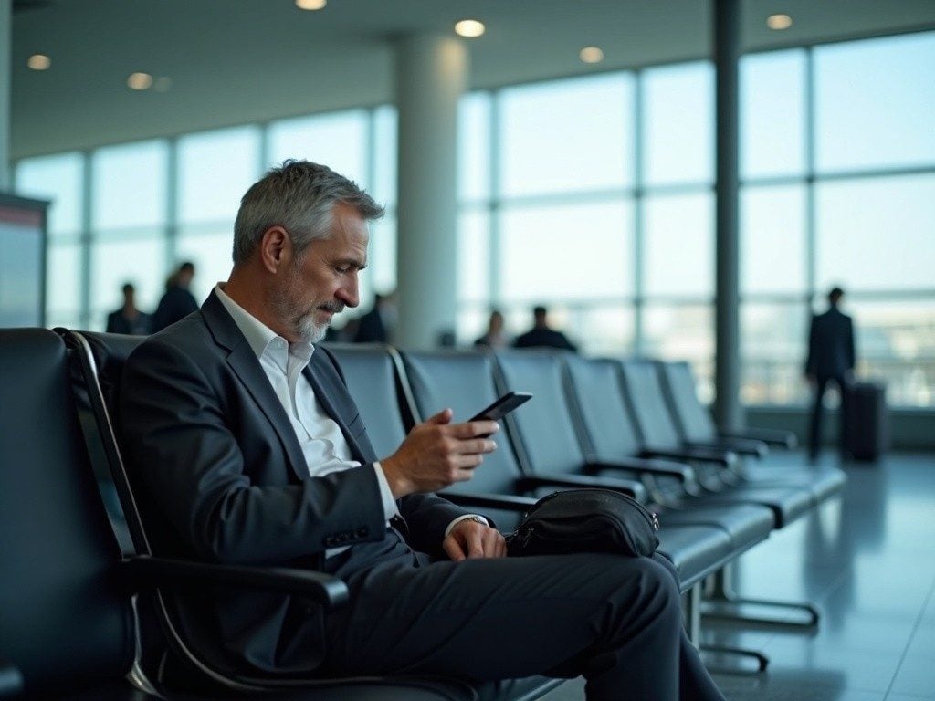 middle-aged man checking phone at an airport gate, laptop bag on seat beside him, calm business travel atmosphere