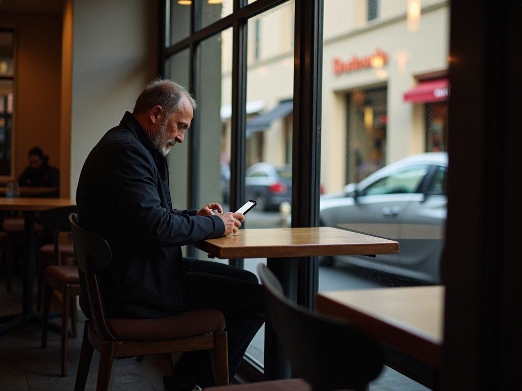 man sitting alone at a café window seat, focused on phone, European street visible through glass