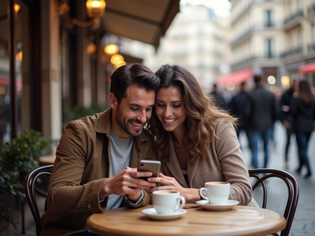 couple at a Paris café table, both looking at a phone together, coffee cups in front, busy street background