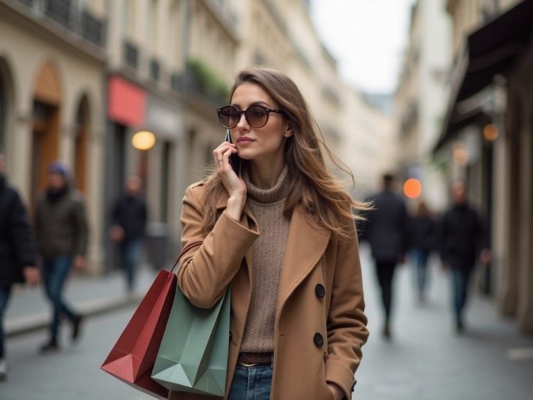 young woman on phone in a Paris street, shopping bags over one arm, mid-conversation, natural candid style