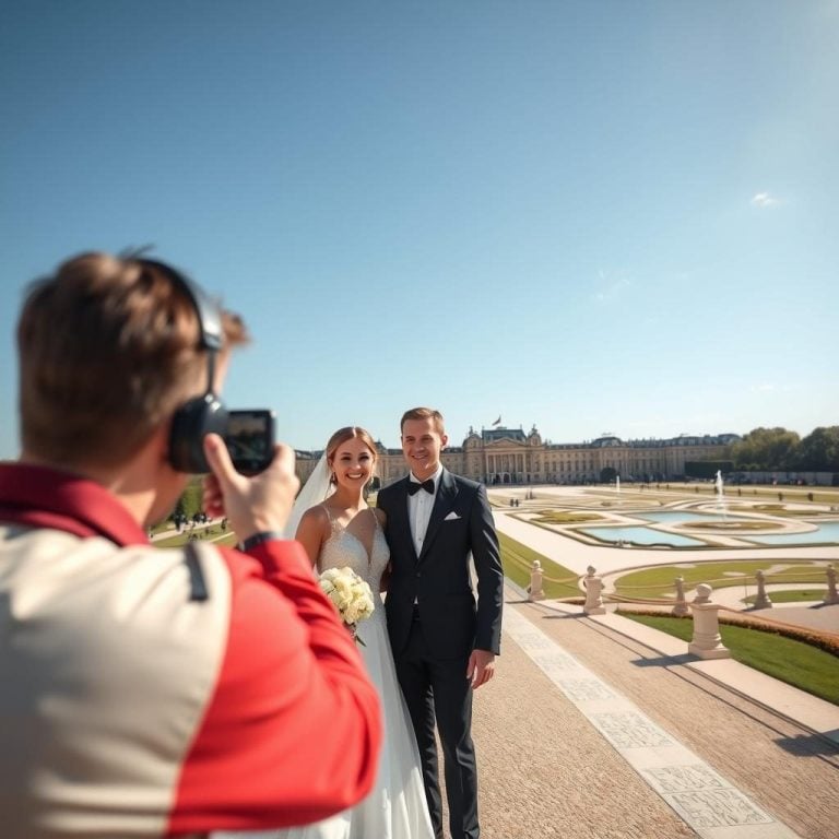 Couple posing for wedding photograph outdoors.