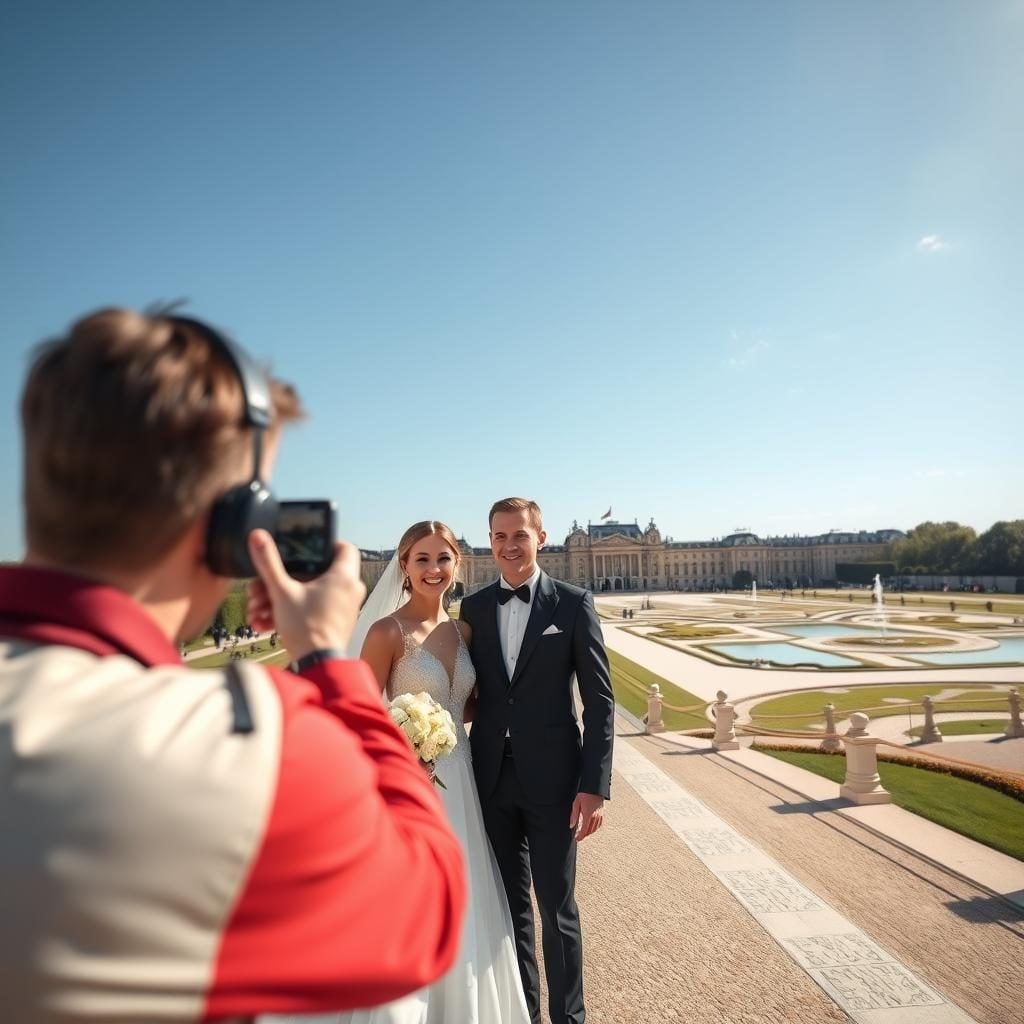 Couple posing for wedding photograph outdoors.