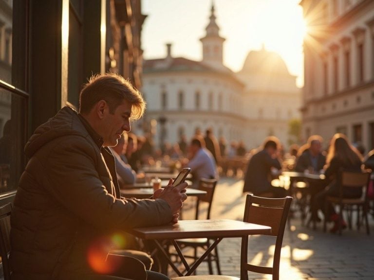 person sitting at a café near a European landmark, studying their phone intently, warm afternoon light