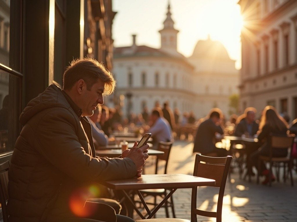 person sitting at a café near a European landmark, studying their phone intently, warm afternoon light