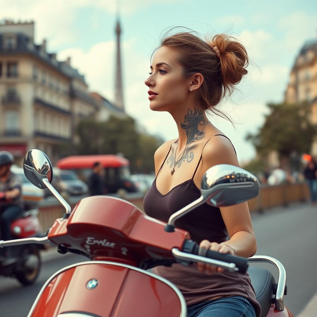 Woman riding scooter in Paris
