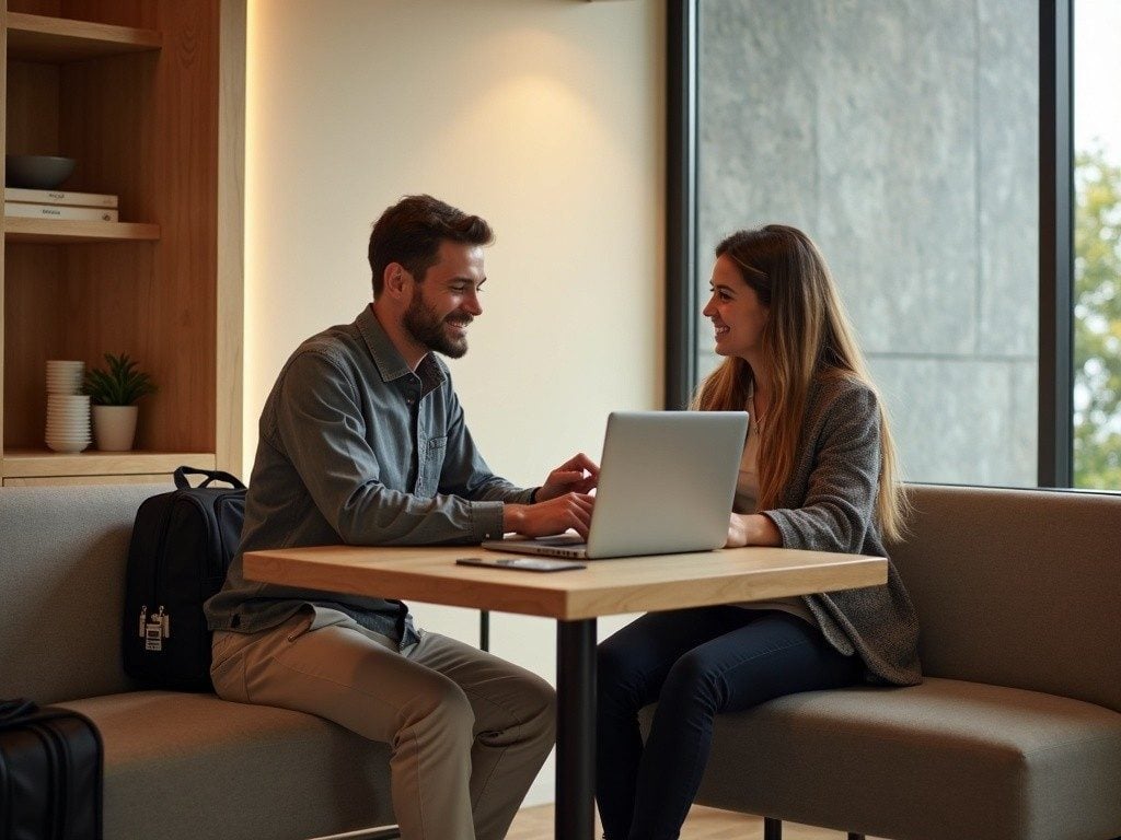 couple at a hotel lobby table, one on a laptop and one on a phone, travel bags nearby