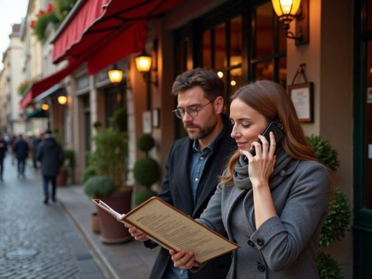 couple looking at a restaurant menu outside a French bistro, one on phone making a call, cobblestone street