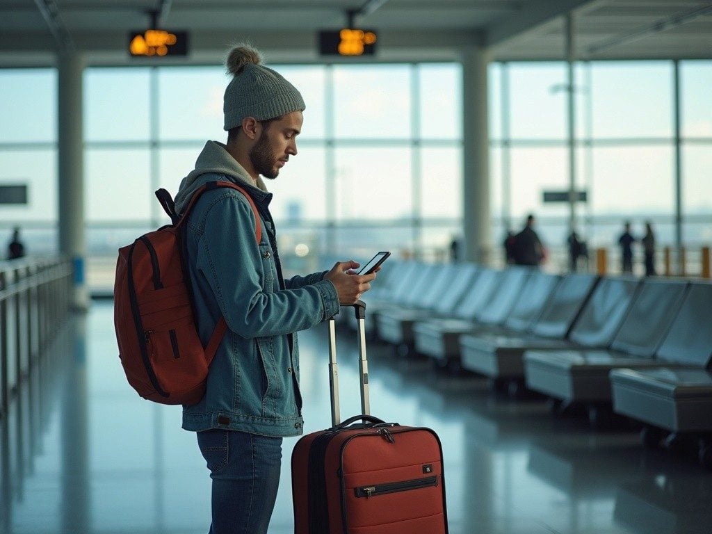 solo traveller at an airport luggage carousel, glancing at phone while waiting for bags, casual travel clothing