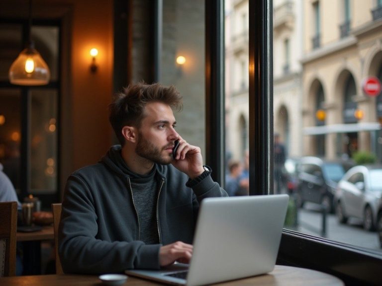younger man on phone in a European café, laptop open on table, casual street outside window