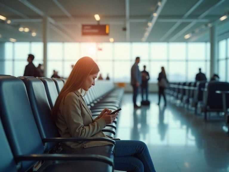 person sitting at an airport departure gate, focused on phone, other travellers in soft background