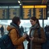 two travellers at a train station, one on a tablet and one on a phone, departure boards in background