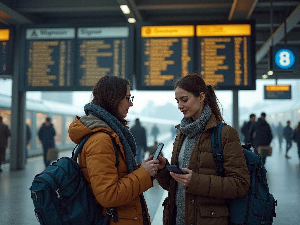 two travellers at a train station, one on a tablet and one on a phone, departure boards in background