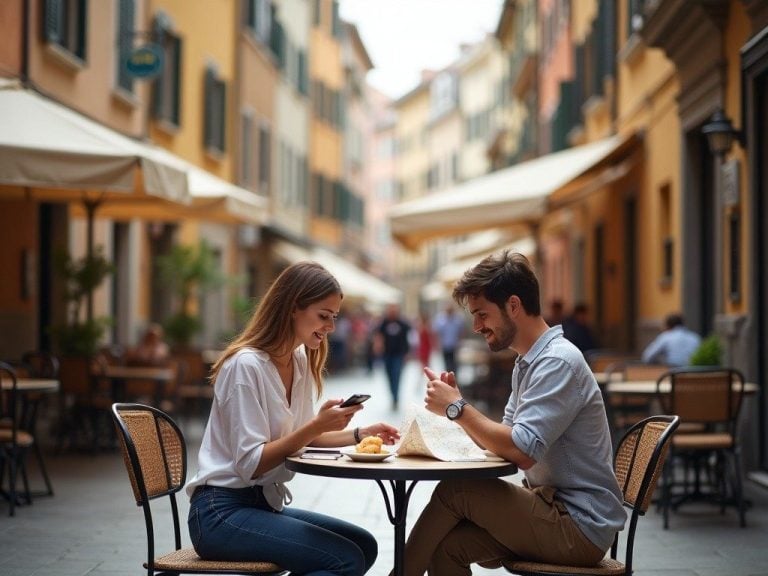 couple at a European outdoor café, one checking phone while the other reads a map, leisurely travel mood