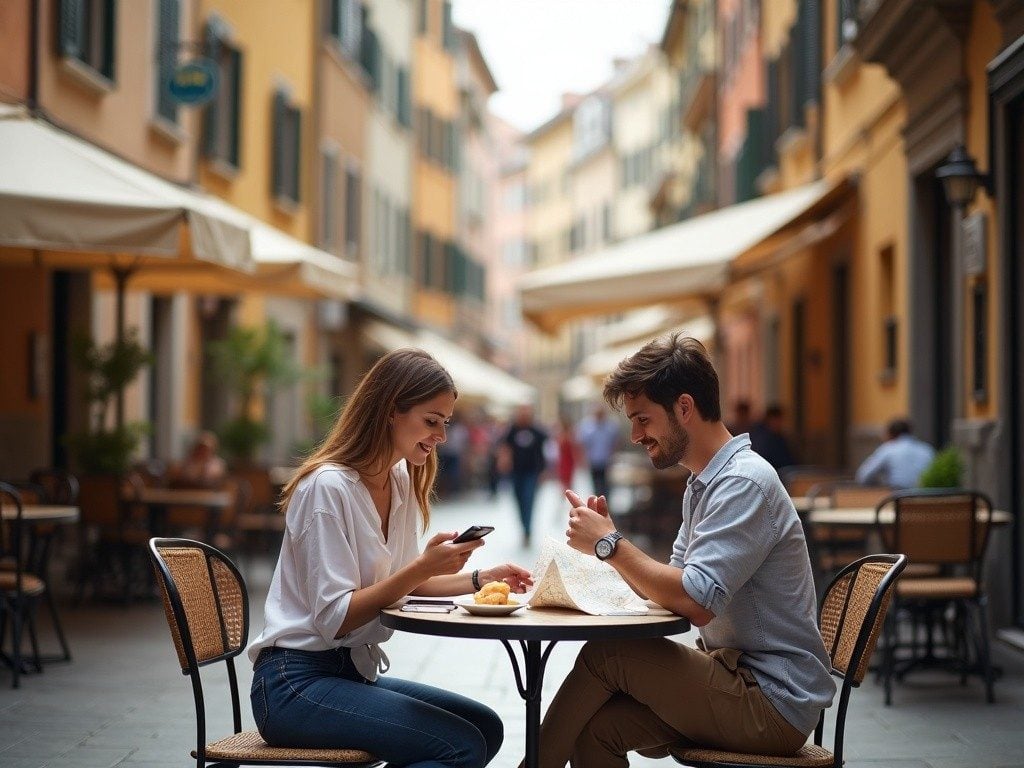 couple at a European outdoor café, one checking phone while the other reads a map, leisurely travel mood