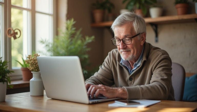 middle-aged person using a laptop at home, phone on table beside them, calm domestic setting