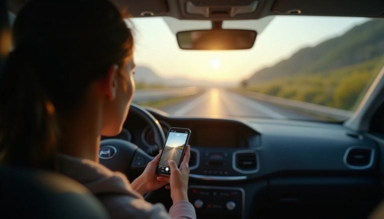 passenger in a car looking at phone, motorway visible through window, road trip atmosphere