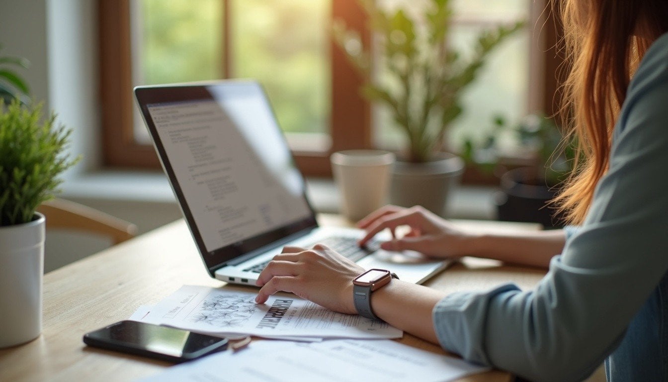 person at a desk with a laptop, phone beside them, natural home office setting, paperwork visible