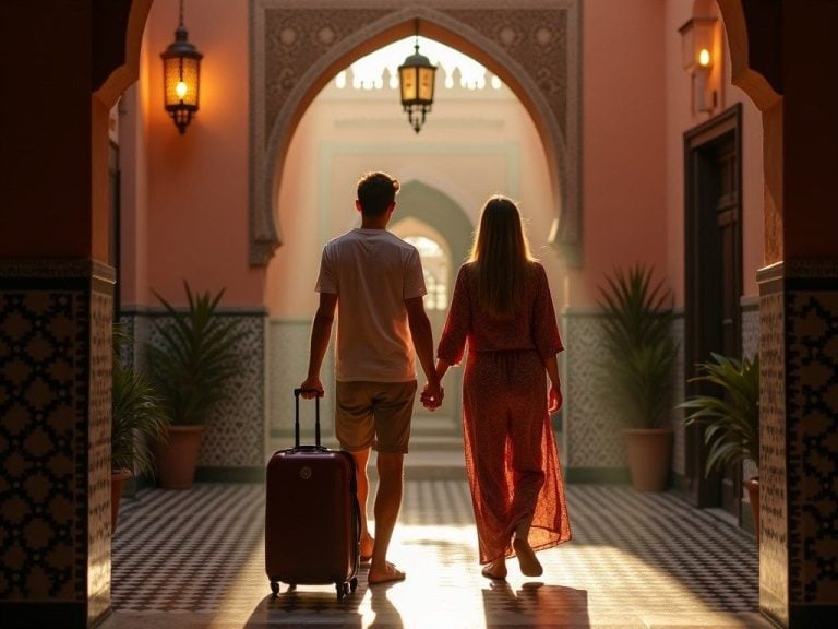 American couple arriving at a luxury riad courtyard in Marrakech with warm lantern light and intricate tilework