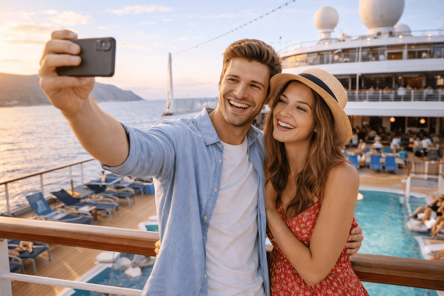 Couple taking selfie on cruise.