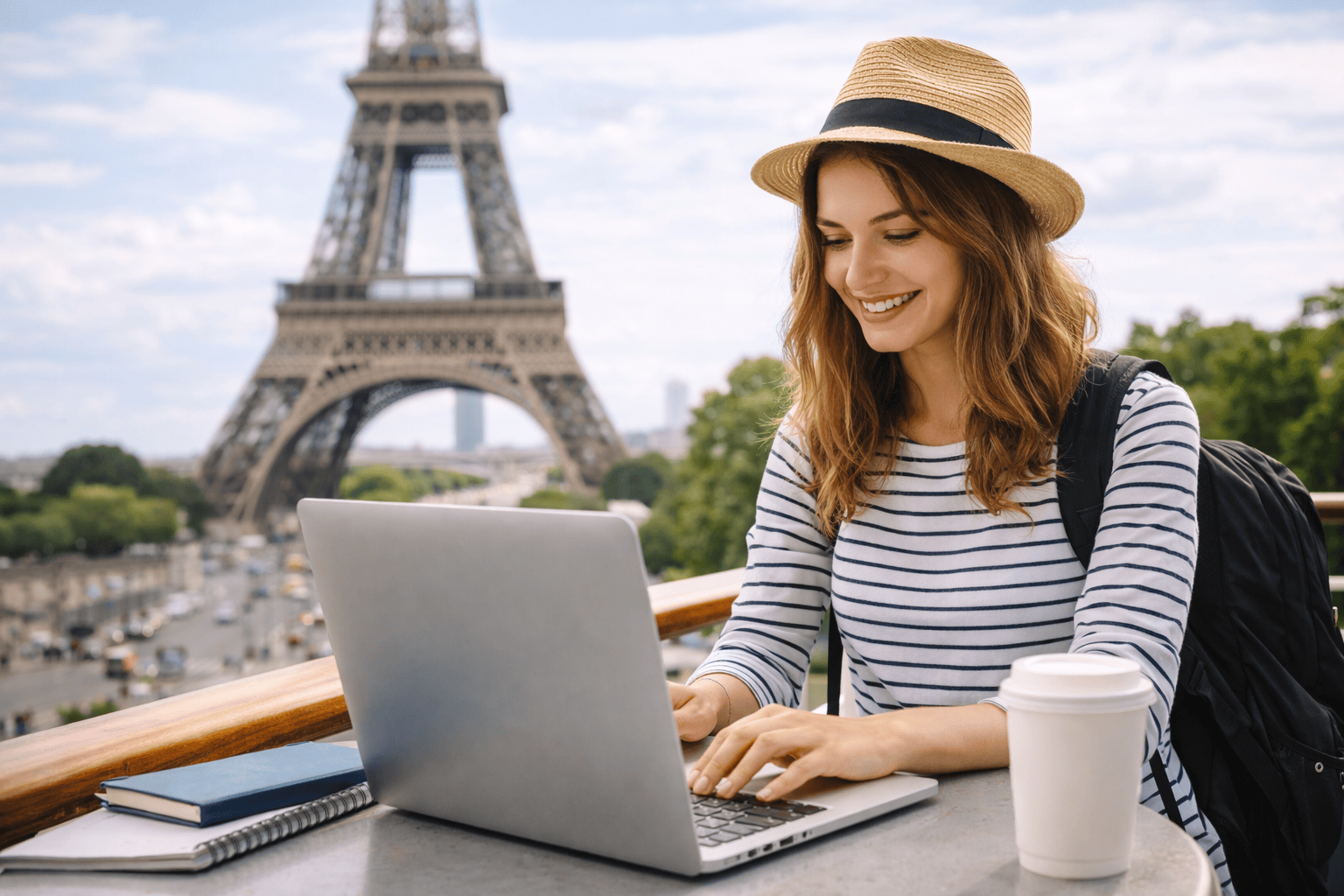 Person working on laptop near Eiffel Tower