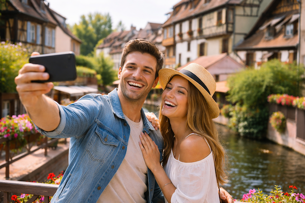 Couple taking a selfie by water.