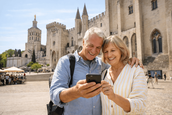 Couple enjoying time at historic site.