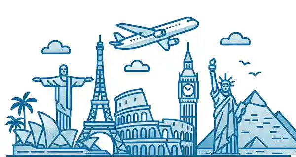 Illustration of world travel destinations and wonders