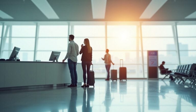 couple at an airport car rental desk, one on phone, bags at their feet, bright terminal interior
