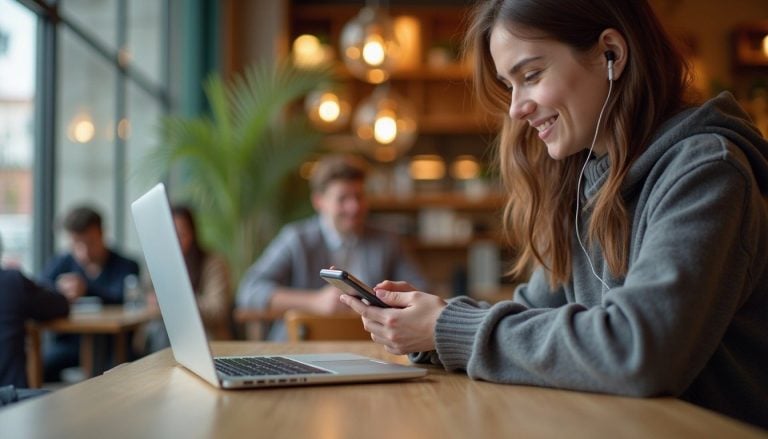 younger person using phone and laptop simultaneously at a café table, earphones in, relaxed urban setting