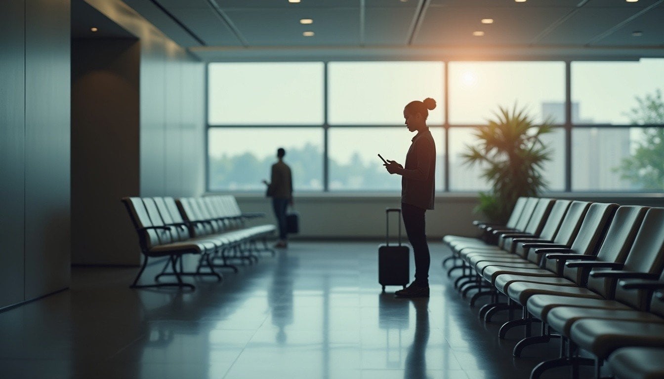 person checking phone in a quiet waiting area, well-lit interior, calm and organised setting
