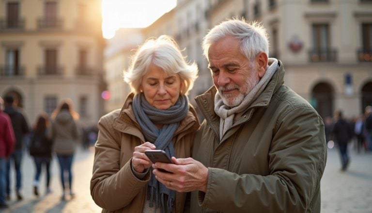 older couple at a European city square, one showing something on a phone to the other, relaxed sightseeing mood