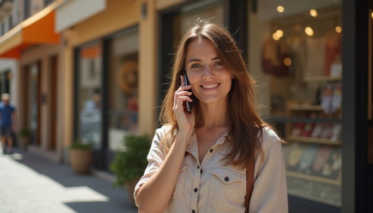 young woman on phone in a sunny European shopping district, window displays behind her, casual style