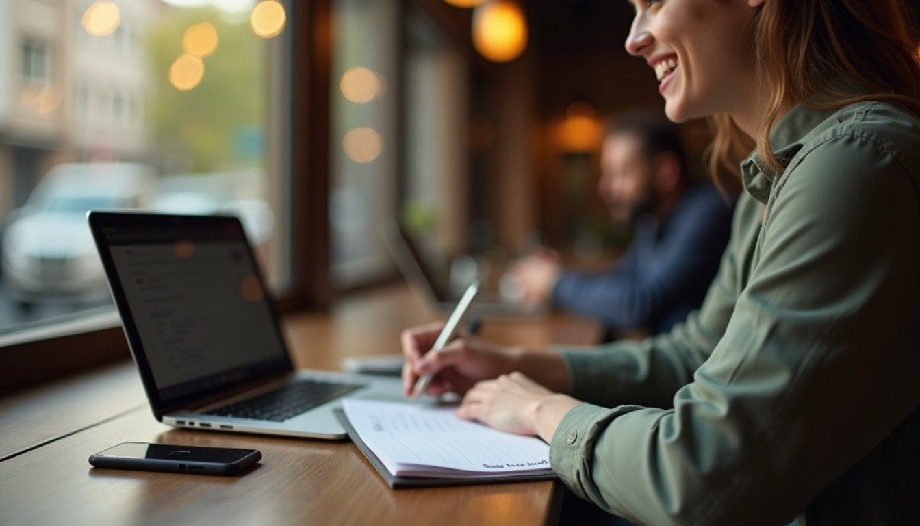 person at a café with a laptop and notepad, phone beside them, job-search focused atmosphere