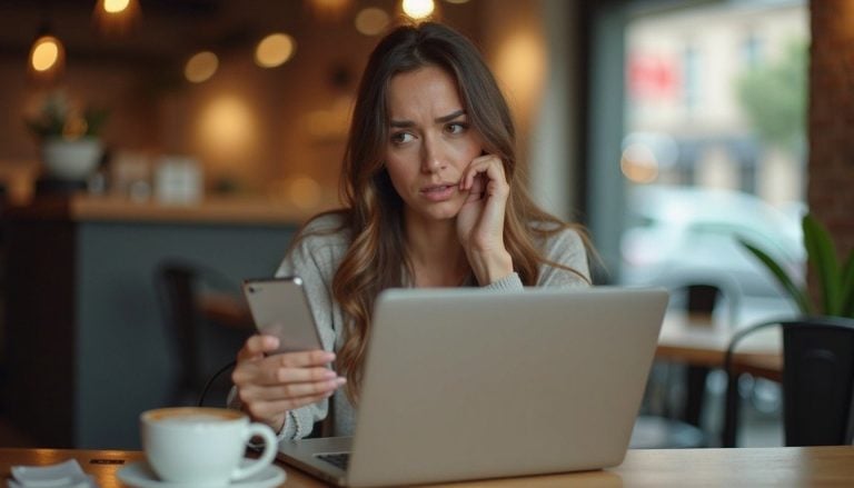 woman at a café table with phone in hand and laptop open, focused and slightly concerned expression