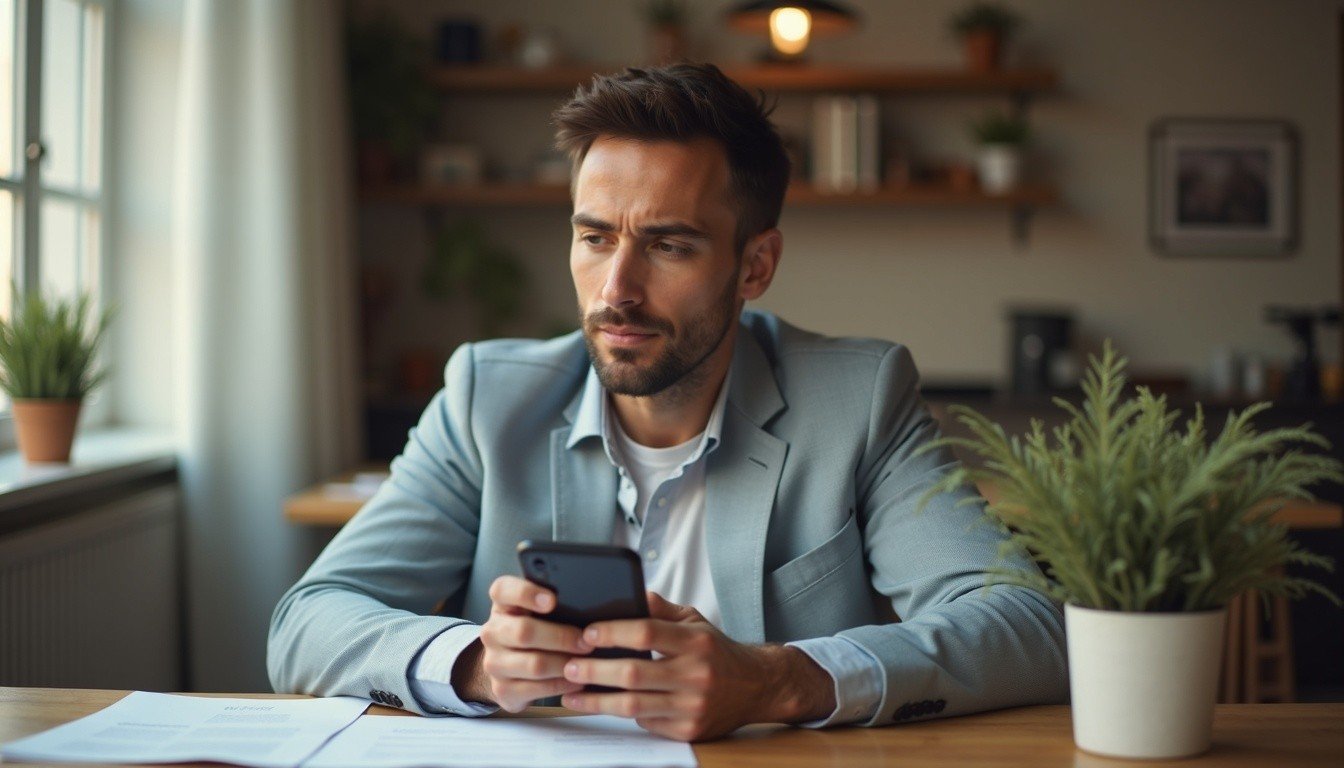 man at a home desk with a laptop and phone, slightly focused expression, documents beside him